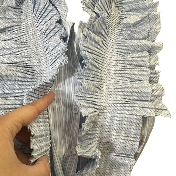 BCBG Maxazria Navy White Ruffle Pleated Sleeveless Mini Dress Tie Back sz 12 - Picture 3 of 11